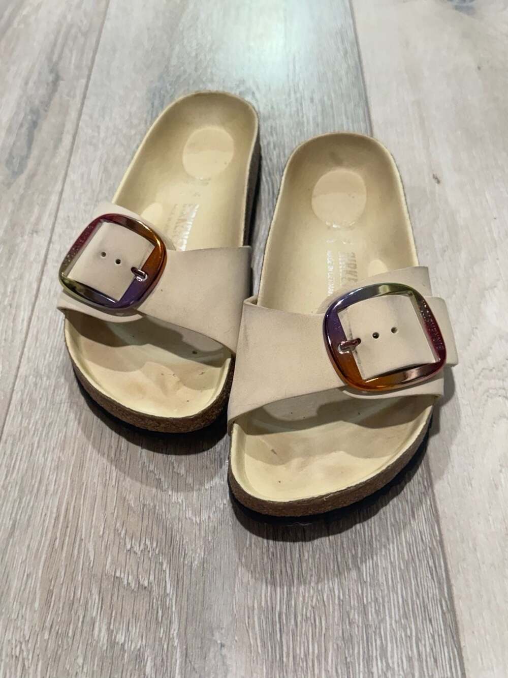 Birkenstock Madrid Big Buckle Nubuck Leather Sandals Ecru Size 38